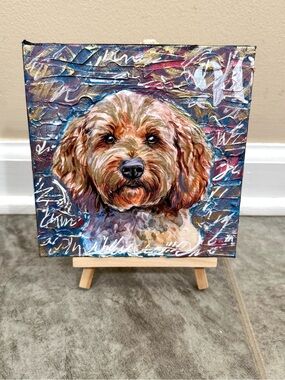 Cockapoo Dog Mixed Media Art On Canvas With Mini Easel Size 6”x6”